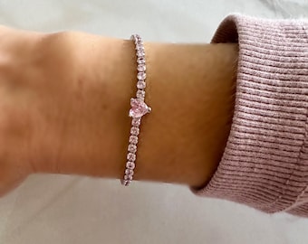 Sterling Silver Pink Heart CZ Tennis Bracelet Valentines Day