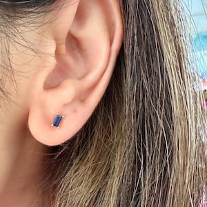 Royal Blue CZ Gold Baguette Stud Earrings, Baguette Studs