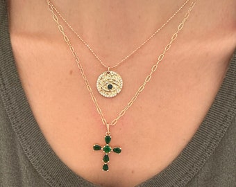 18k Gold Filled Green Evil Eye Coin Necklace, Evil Eye Jewelry, Evil Eye Necklace, Evil Eye Pendant