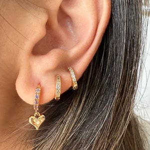 Opal and Gold CZ Heart Huggie Earrings, Heart Earrings, Opal Huggie Earrings image 1