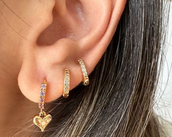 Opal and Gold CZ Heart Huggie Earrings, Heart Earrings, Opal Huggie Earrings