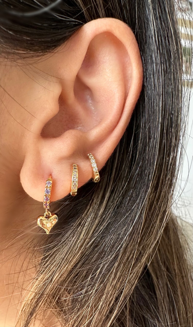 Opal and Gold CZ Heart Huggie Earrings, Heart Earrings, Opal Huggie Earrings image 1