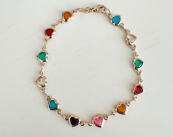 18k Gold Filled Heart Bracelet: Multicolored CZ Dainty Chain Valentines Day