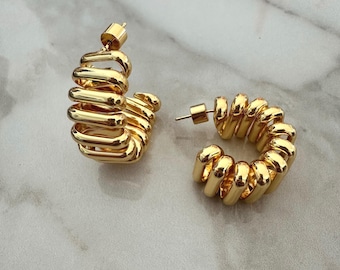 Chunky Gold Plated Ribbed Hoop Earrings, Statement Jewelry