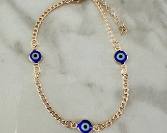 Navy Blue Evil Eye Bracelet: 18k Gold Filled Chain, Layering Jewelry