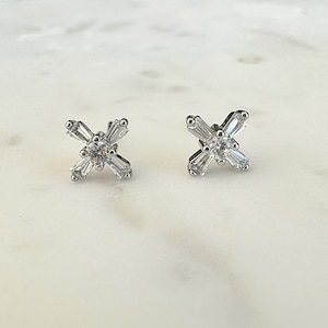Silver CZ Cross X Stud Earrings, Silver Studs