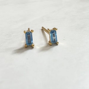 Light Blue CZ Gold Baguette Stud Earrings, Baguette Studs