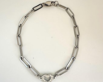 Stainless Steel Paperclip Chain Heart CZ Bracelet: 18k Gold PVD, Dainty Layering