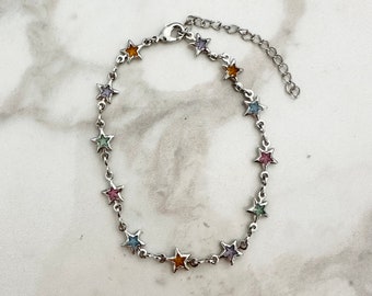 18k Gold Filled Star Bracelet: Multicolored Cubic Zirconia, Dainty Chain