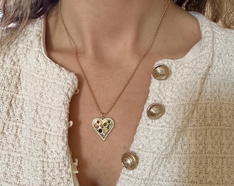 Gold Heart Necklace, Multicolored CZ Gemstone, Statement Jewelry