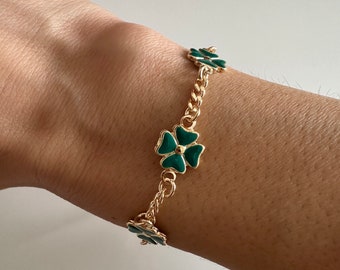 18k Gold Filled Clover Bracelet, Enamel Charm Bracelet