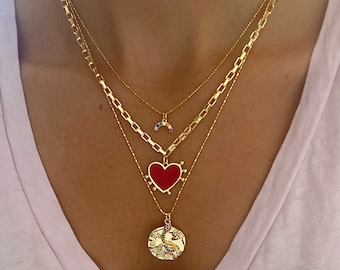 Red Enamel Heart Statement Necklace, Gold Filled Chain Valentines Day