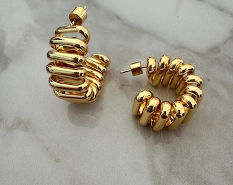 Chunky Gold Ribbed Hoop Earrings, Statement Earrings, Round Hoop Earrings