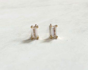 Clear CZ Gold Baguette Stud Earrings, Baguette Studs