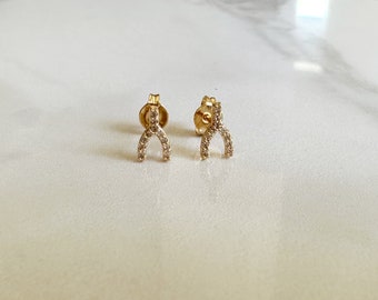 CZ 18k Gold Filled Wishbone Stud Earrings, Stud Earrings, Wishbone Jewelry