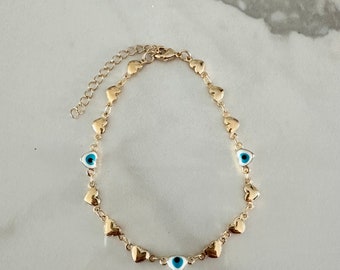 18Kゴールドフィルドハートブレスレット：ターコイズイービルアイ