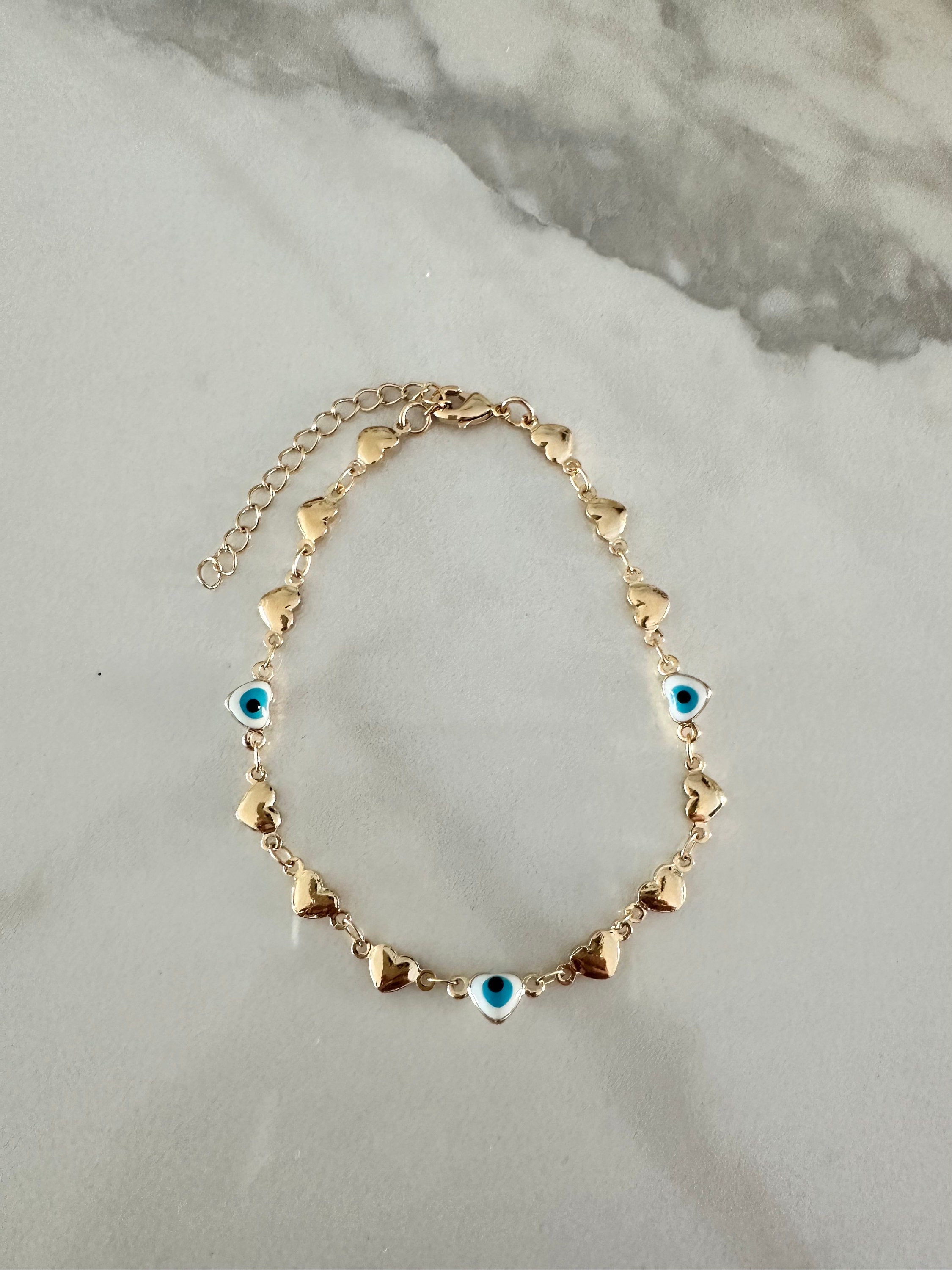 ターコイズハートチャーム ブレスレット 18Kゴールドフィルドハートブレスレット：ターコイズイービルアイ