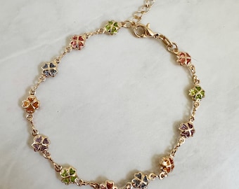 18k gold filled Multicolored Gold Clover Chain Bracelet, Dainty Bracelet