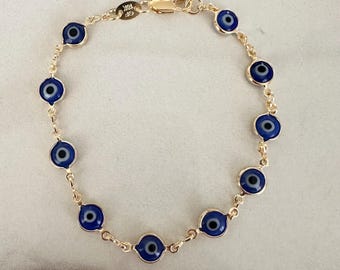 Blue Evil Eye Bracelet: 18k Gold Filled Chain, Layering Jewelry