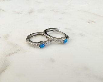 Blue Opal Sterling Silver Hoop Earrings, Opal Huggie Earrings, silver small hoops