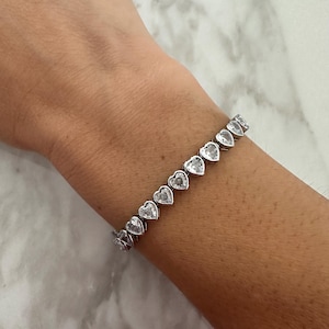 18k rhodium white gold filled CZ Heart gold tennis bracelet, Tennis Bracelet, Heart Bracelet, Gold Heart Bracelet