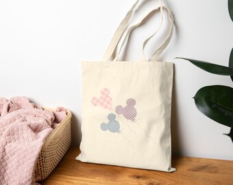 Disney Balloon Gingham Cottagecore Tote Bag, Classic Mickey Minnie Canvas Handbag, Eco-Friendly Shoulder Purse, Reusable Shopping Bag,