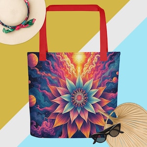 Cosmic Flame Bloom Tote Bag – All-Over Print Psychedelic Mandala, Trippy Galaxy Art, Bold Color Festival Bag, Boho Spiritual Style