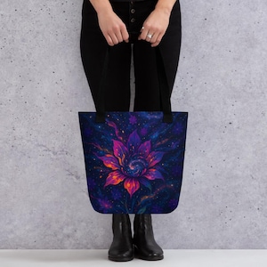 Cosmic Flower Galaxy – Psychedelic Space Bloom Tote Bag, Trippy Starry Night Poster, Boho Decor for Meditation or Bedroom