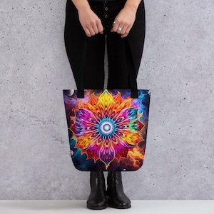 Cosmic Mandala Tote Bag – Vibrant All-Over Print Boho Tote, Trippy Psychedelic Flower Bag, Galaxy Art Tote for Yoga, Festivals, and Gifting