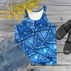 Unisex All-Over Print Tank Top – Cobalt Fractal Geometric Art, Abstract Blue Summer Shirt, Festival Wear, Sacred Geometry Style