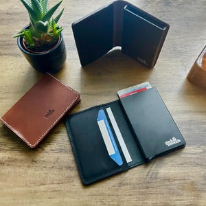 Leren pop-upportemonnee | Smalle creditcardhouder | Leren kaarthouder | Handgemaakte portemonnee met voorvak | Schuifportemonnee