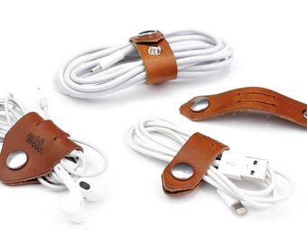 Cable organizer set - made of pure vegetable tanned italian leather gift idea