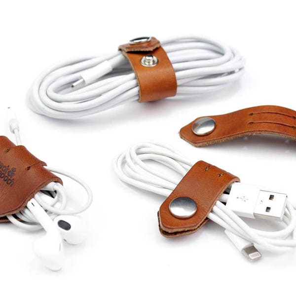 Cable organizer set - made of pure vegetable tanned italian leather gift idea