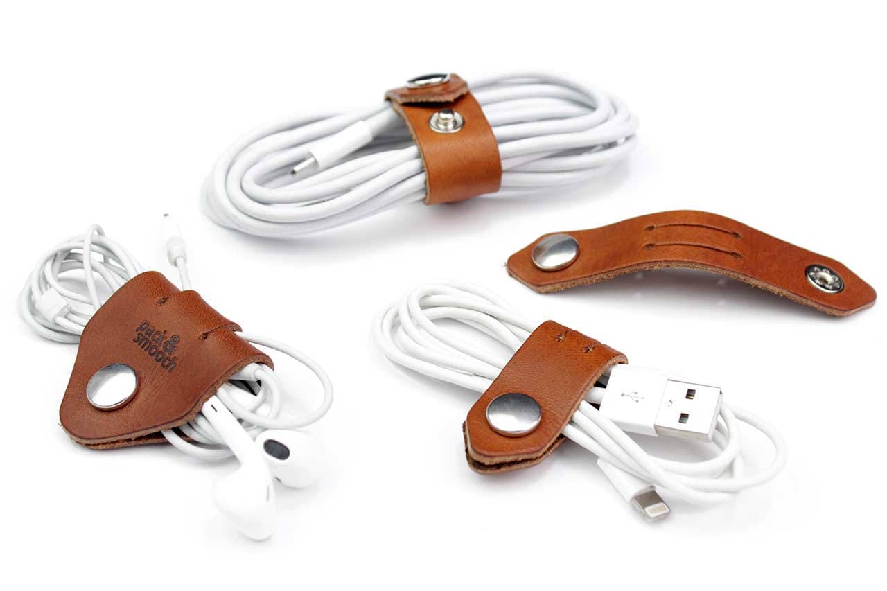 Desk Set Leather Wrap Cable Winder Holders Wire Cord Organizer Earphone Clips 