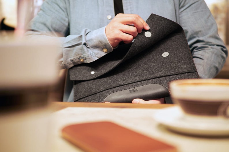 MacBook 14 sleeve minimalist office accessory snug fit sleeve, easter gift 100% wool felt, vegetable tanned leather gift idea image 6