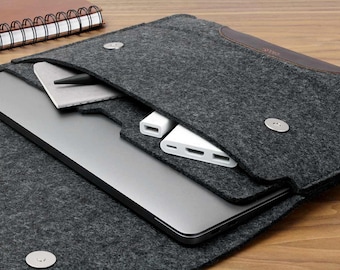Pochette MacBook 14, accessoire de bureau minimaliste, manche ajustée, cadeau de Pâques 100 % feutre de laine, idée cadeau en cuir au tannage végétal