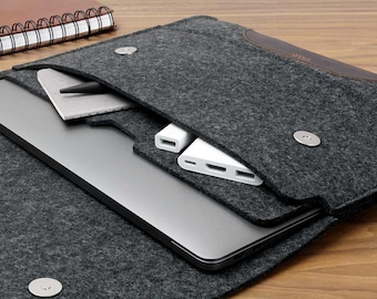 MacBook 14 Sleeve Filztasche 100% Wollfilz, pflanzlich gegerbtes Leder, senfgelb, 100% Wollfilz, pflanzlich gegerbtes Leder