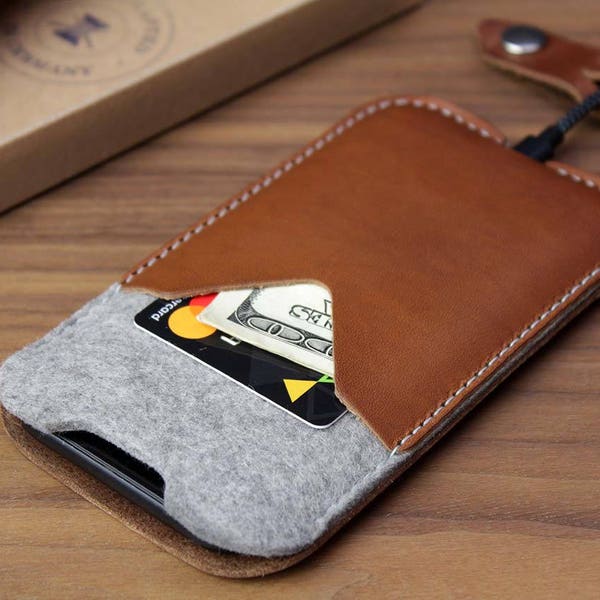 iPhone 11 Pro Max / Xs Max wallet case cover - KIRKBY -  100 % wool felt, pure vegetable tanned leather sleeve