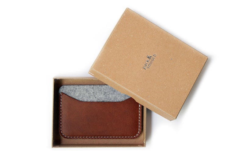 Mini wallet, card case, purse 100% merino wool felt mens gift vegetable tanned leather handcrafted gift image 2