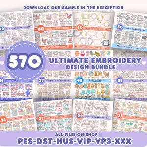 以下が含まれることがあります： バスルームとベッド、キッチン、フレーム、お父さん、ベビーアニマル、ホーム＆ファミリーなどのテーマを含む刺繍デザインバンドルのコレクション。画像には「570 ULTIMATE EMBROIDERY DESIGN BUNDLE」と「ALL FILES ON SHOP！」というテキストが表示されています。