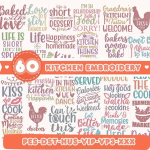 Könnte beinhalten: Eine Sammlung von 60 Küchenstickmustern mit verschiedenen Zitaten und Bildern. Die Designs enthalten Sätze wie "Baked with love" und "Life is short, eat dessert first". Ein Hahn und eine Schüssel mit Produkten sind ebenfalls abgebildet.