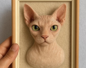 Custom Needle Felted Cat Portrait in Frame: Pet Memorial Gift