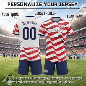 May include: Two soccer jerseys and shorts sets featuring a red and white wavy stripe pattern with navy blue accents. The jerseys display the text YOUR NAME, TEAMNAME, and the number 00. The text PERSONALIZE YOUR JERSEY is at the top of the image.