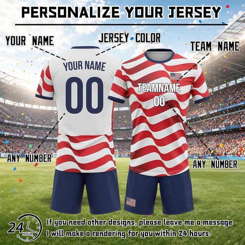 May include: Two soccer jerseys and shorts sets featuring a red and white wavy stripe pattern with navy blue accents. The jerseys display the text YOUR NAME, TEAMNAME, and the number 00. The text PERSONALIZE YOUR JERSEY is at the top of the image.