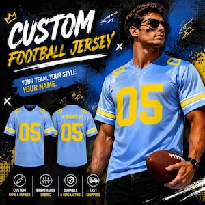 May include: A light blue custom football jersey with yellow numbers 05 on the front and back, featuring yellow sleeve stripes and shoulder accents. The text CUSTOM FOOTBALL JERSEY, YOUR TEAM. YOUR STYLE. YOUR NAME. is visible along with icons for custom name and number, breathable fabric, durable and long lasting, and fast shipping.