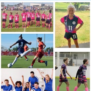 May include: A collage of soccer apparel featuring pink and dark blue jerseys with the number 11, dark blue shorts, and blue jerseys. The text Premium Quality For Player and Fans is displayed at the top with soccer ball icons on each side.