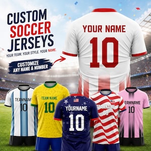 May include: A collection of custom soccer jerseys in various colors and patterns, including white with red accents, yellow, blue with stars, red and white stripes, and pink. Each jersey features a team name and the number 10 on the front or back.
