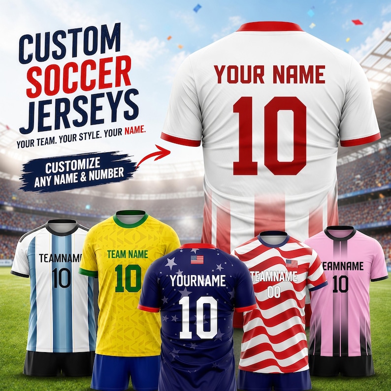May include: A collection of custom soccer jerseys in various colors and patterns, including white with red accents, yellow, blue with stars, red and white stripes, and pink. Each jersey features a team name and the number 10 on the front or back.