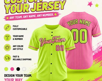 Custom Neon Baseball Jersey Personalized Name Number Bright Pinstripe Shirt Softball Game Day Uniform