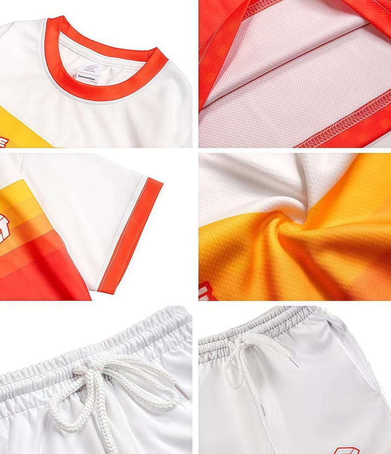 May include: A white t-shirt with an orange crew neck and sleeve trim, featuring a horizontal gradient stripe pattern in yellow and orange. The set includes white shorts with an elastic waistband and a white drawstring cord for a secure fit.